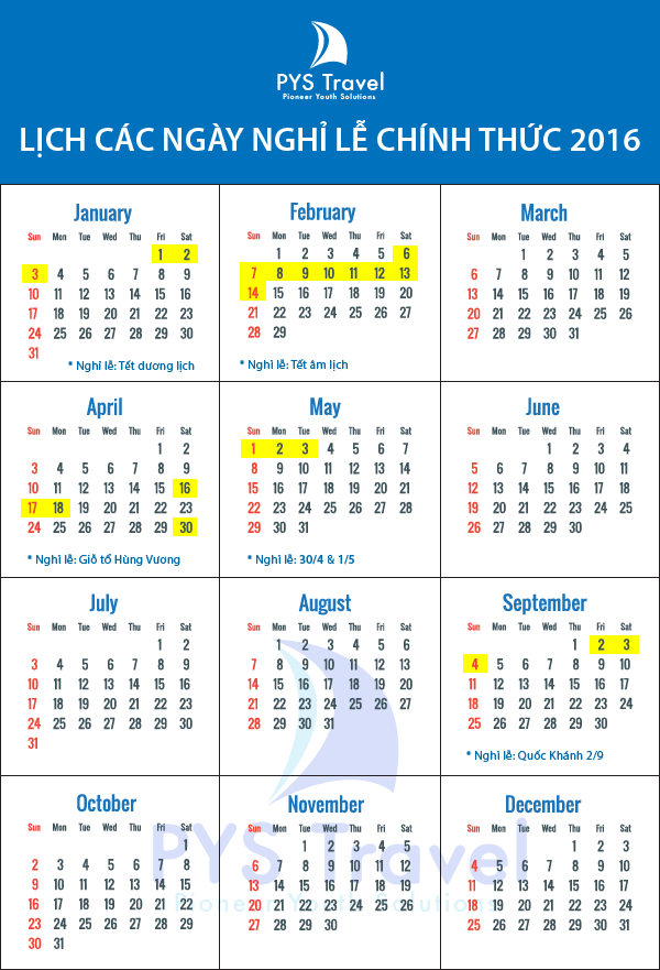 Lịch các ngày nghỉ lễ trong năm 2016