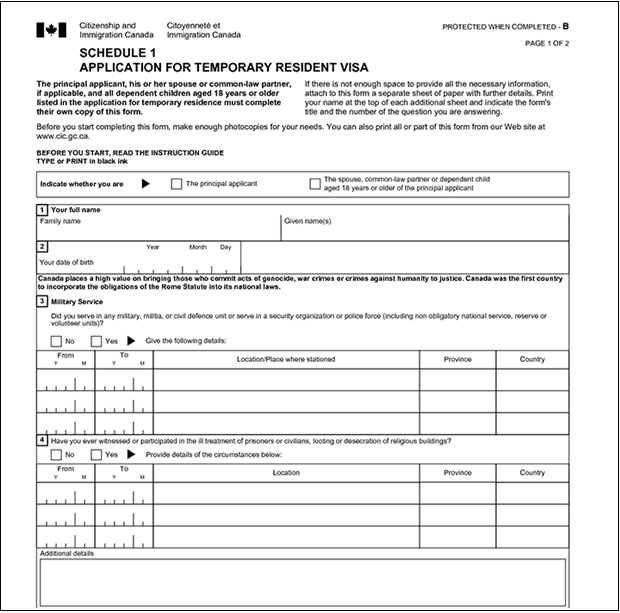 Mẫu đơn xin visa du lịch Canada