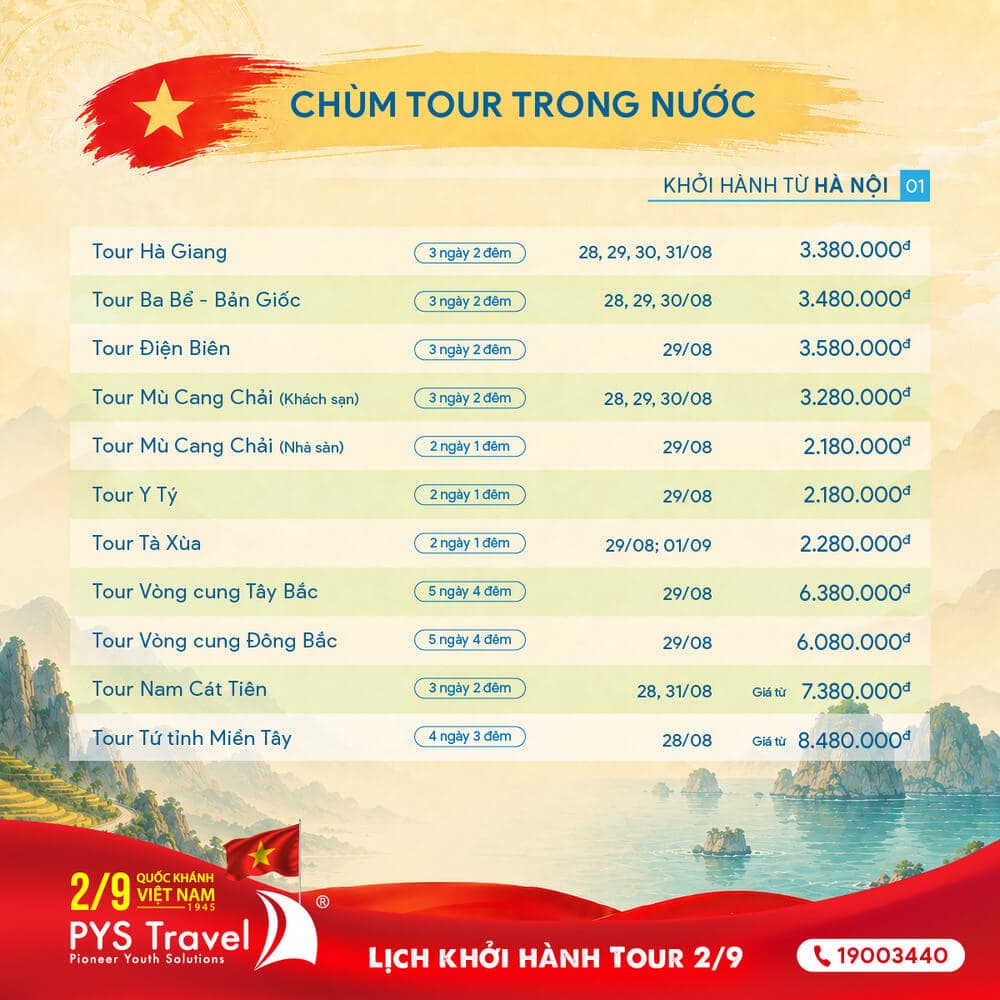 Lịch khởi hành Tour Nội địa Quốc Khánh 2/9/2026 từ Hà Nội
