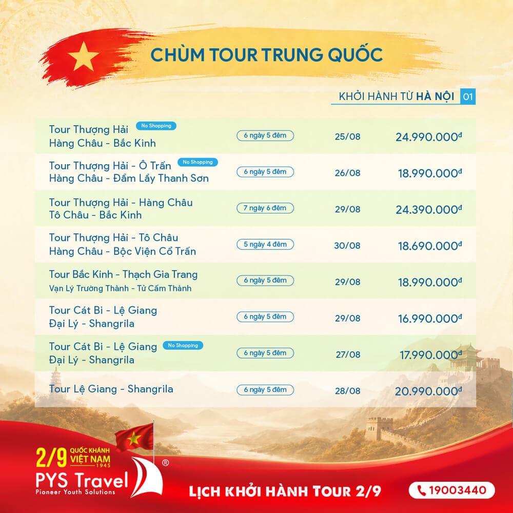 Lịch khởi hành Tour Trung Quốc Quốc Khánh 2/9/2026 từ Hà Nội