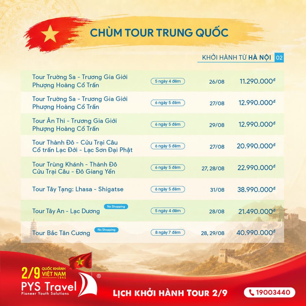 Lịch khởi hành Tour Trung Quốc Quốc Khánh 2/9/2026 từ Hà Nội