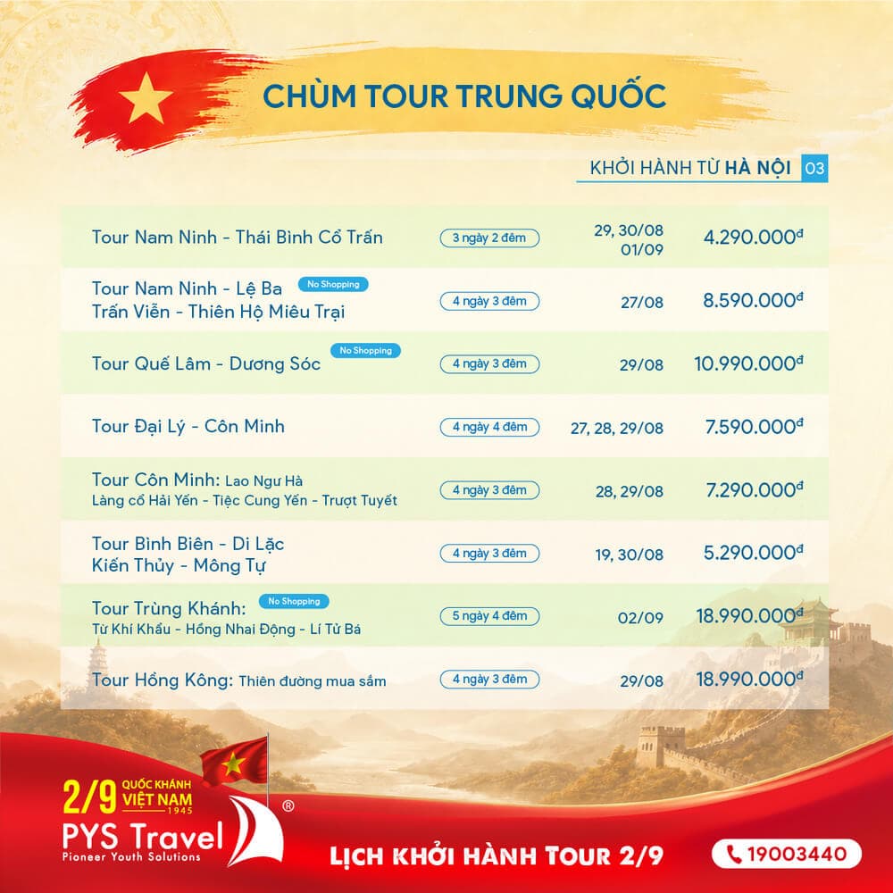 Lịch khởi hành Tour Trung Quốc Quốc Khánh 2/9/2026 từ Hà Nội