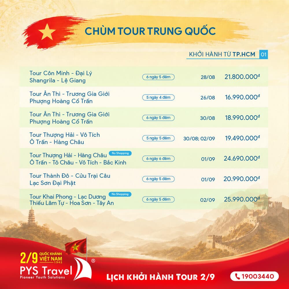 Lịch khởi hành Tour Trung Quốc Quốc Khánh 2/9/2026 từ TP.HCM