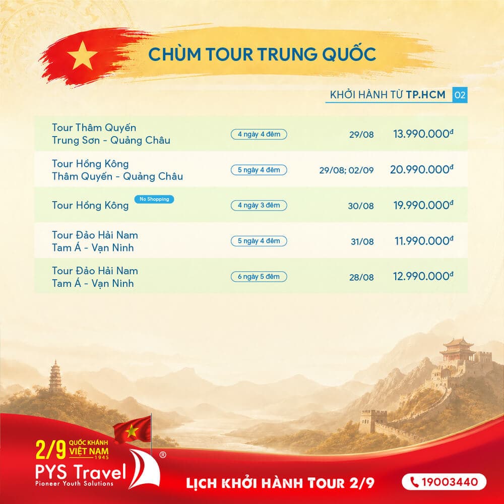 Lịch khởi hành Tour Trung Quốc Quốc Khánh 2/9/2026 từ TP.HCM
